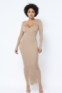 Nude Mesh Long Sleeve Dress