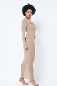 Nude Mesh Long Sleeve Dress